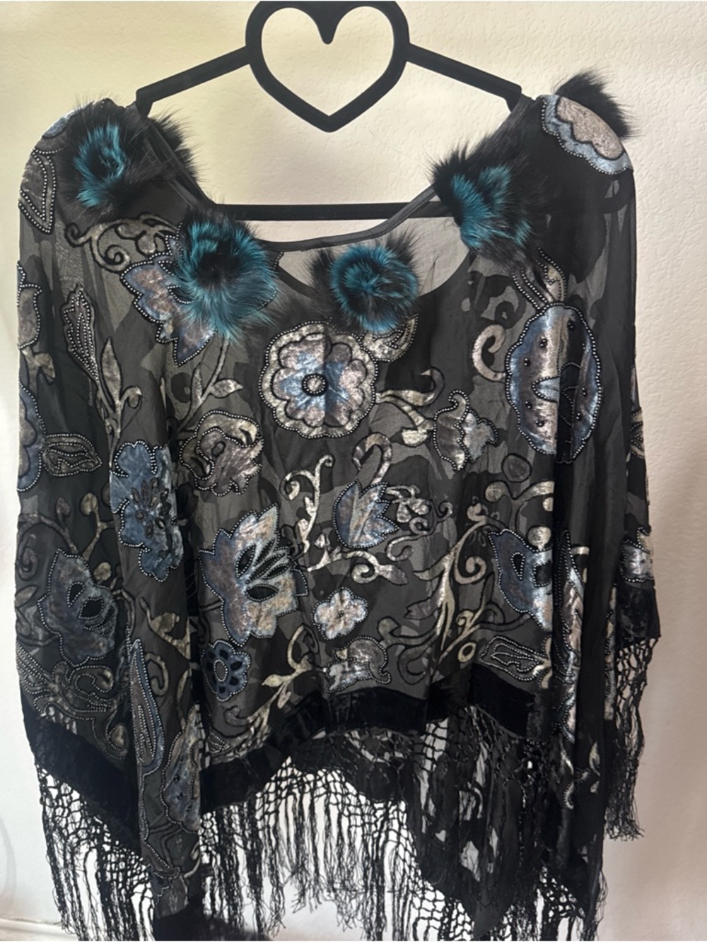 Black Sheer Floral Beaded Fringe Poncho with Teal Fur Accents